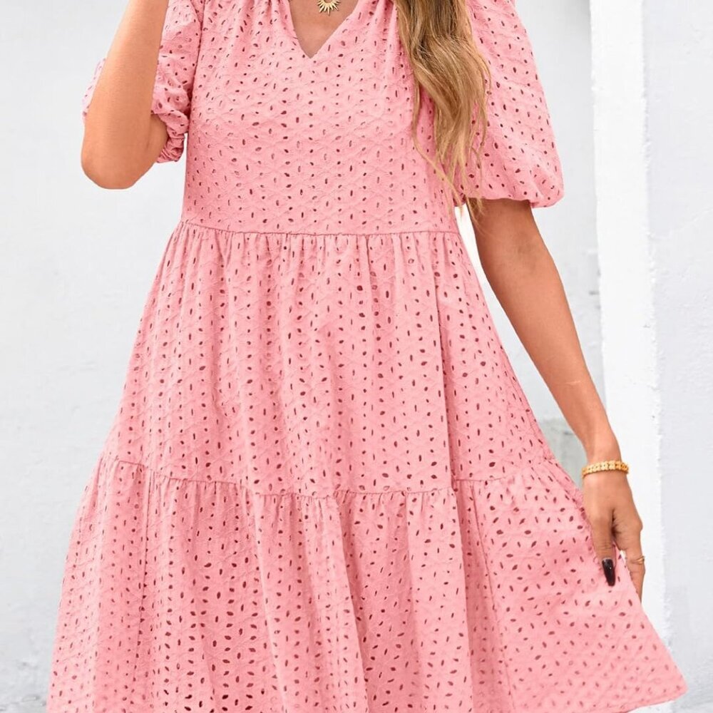 Eyelet Summer Dresses for Women 2025 Mini Casual Hollow Out Short Sleeve Lace Ti - Picture 4 of 8